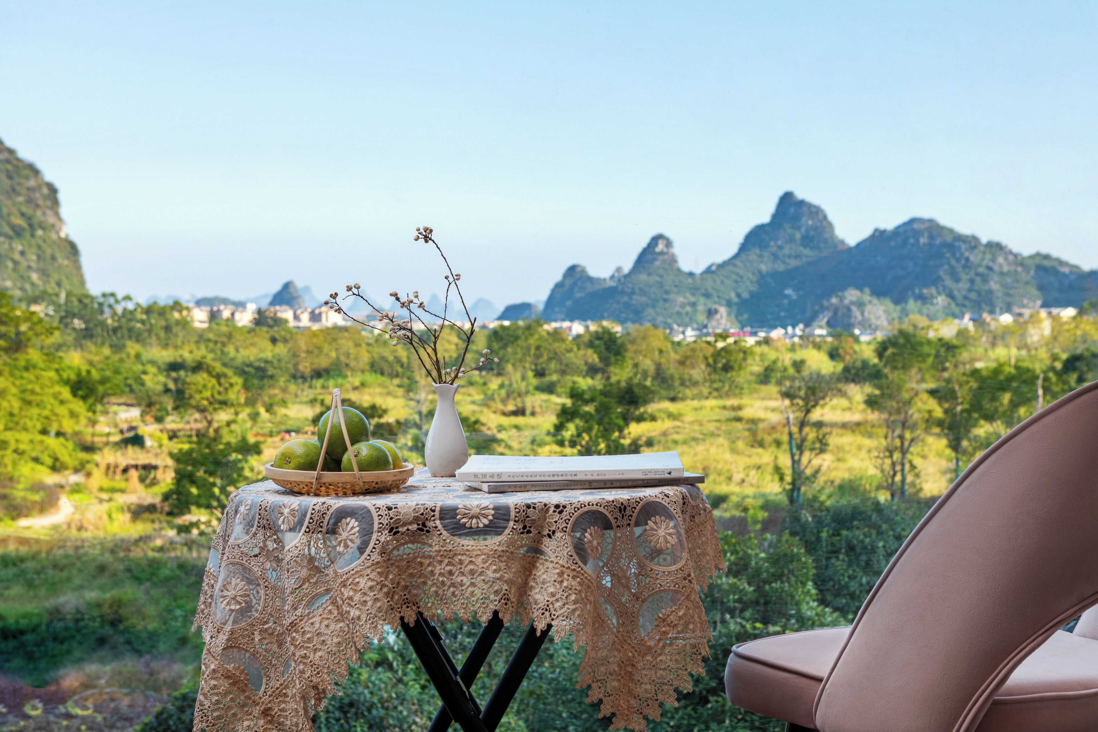 Une table recouverte d’une nappe en dentelle, un saladier rempli de fruits, un vase avec des fleurs séchées et un livre, le tout disposé sur un fond représentant un paysage montagneux.