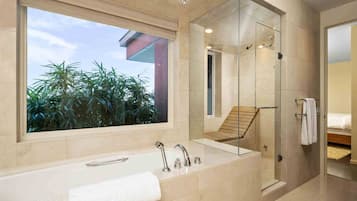 Shower, hair dryer, towels, shampoo