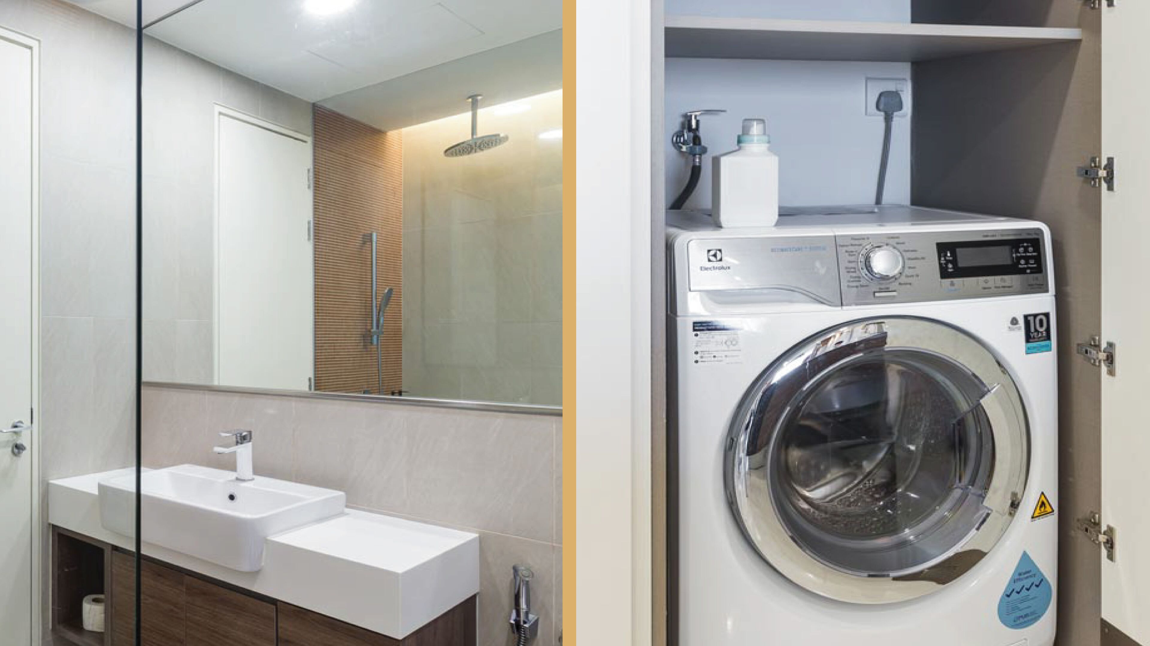 A modern bathroom with a built-in washing machine, a sink, and a mirror.
