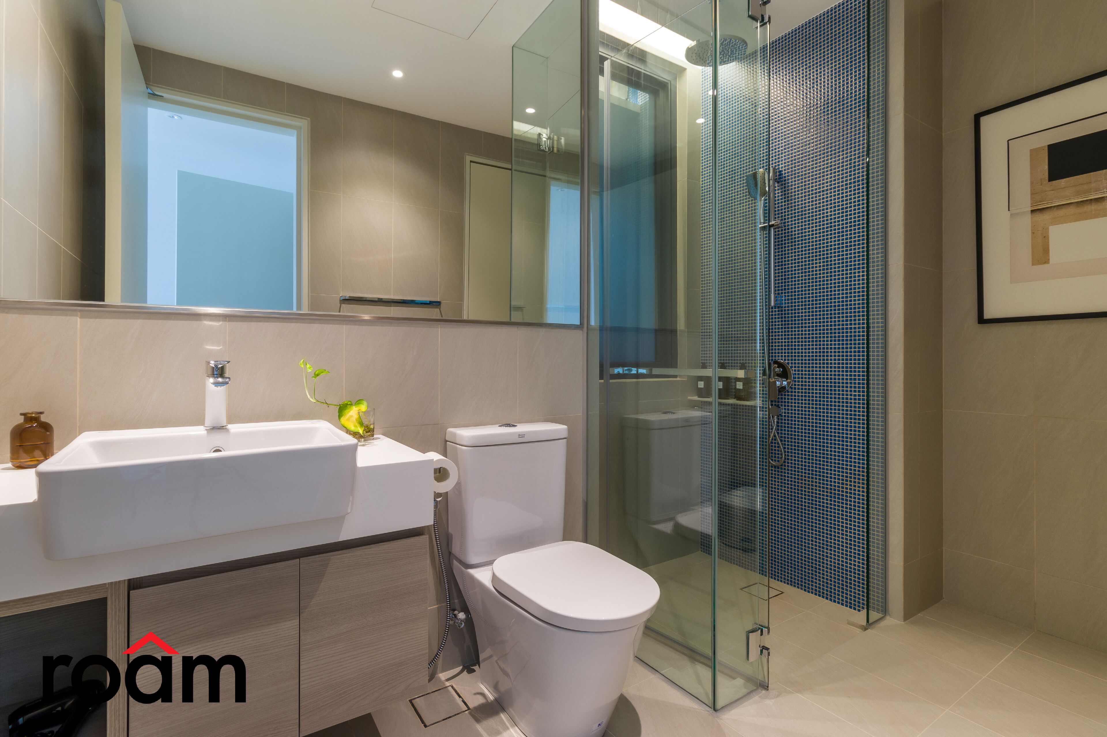 A modern bathroom with a glass-enclosed shower, a white sink, and a toilet.