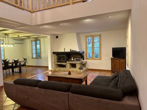 Télévision, cheminée, jeux vidéo, lecteur de DVD