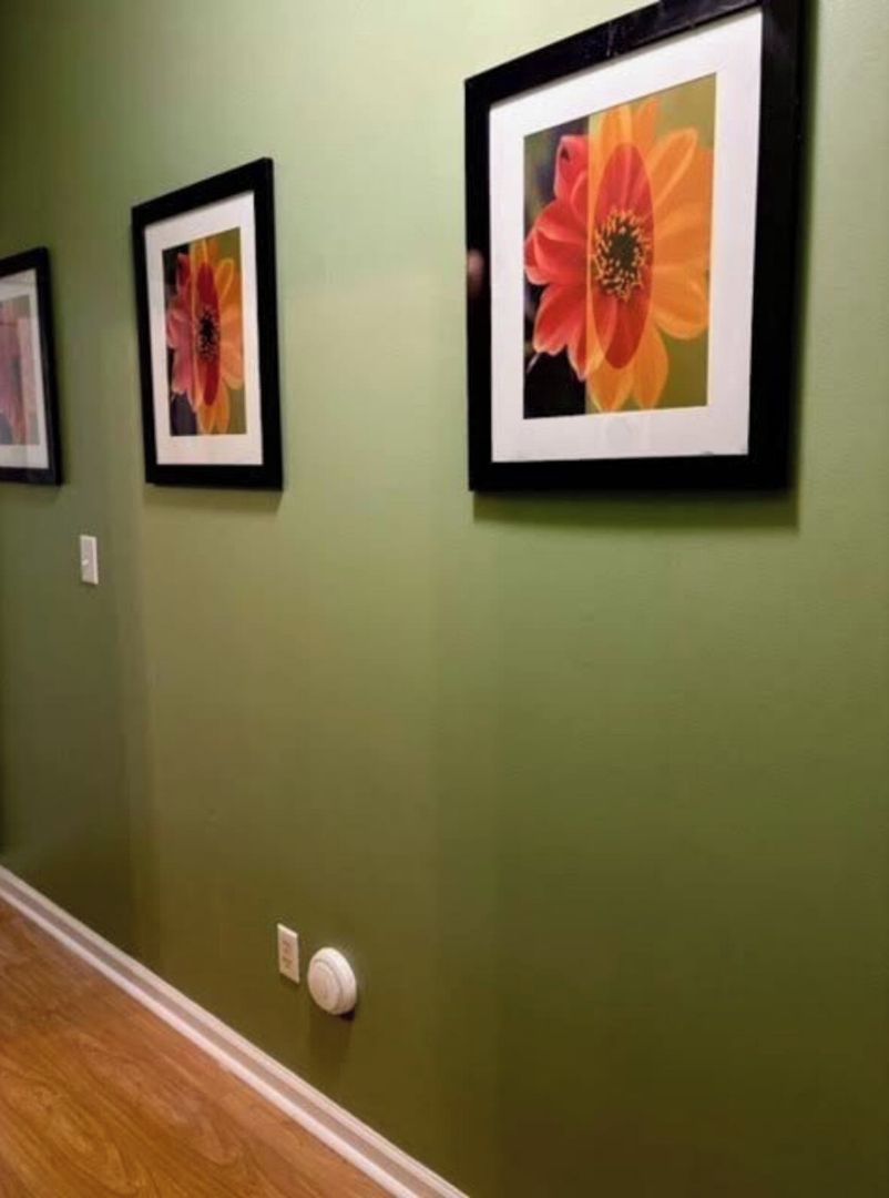 Un pasillo con paredes verdes y suelo de madera. Se observan tres cuadros enmarcados con motivos florales en la pared.