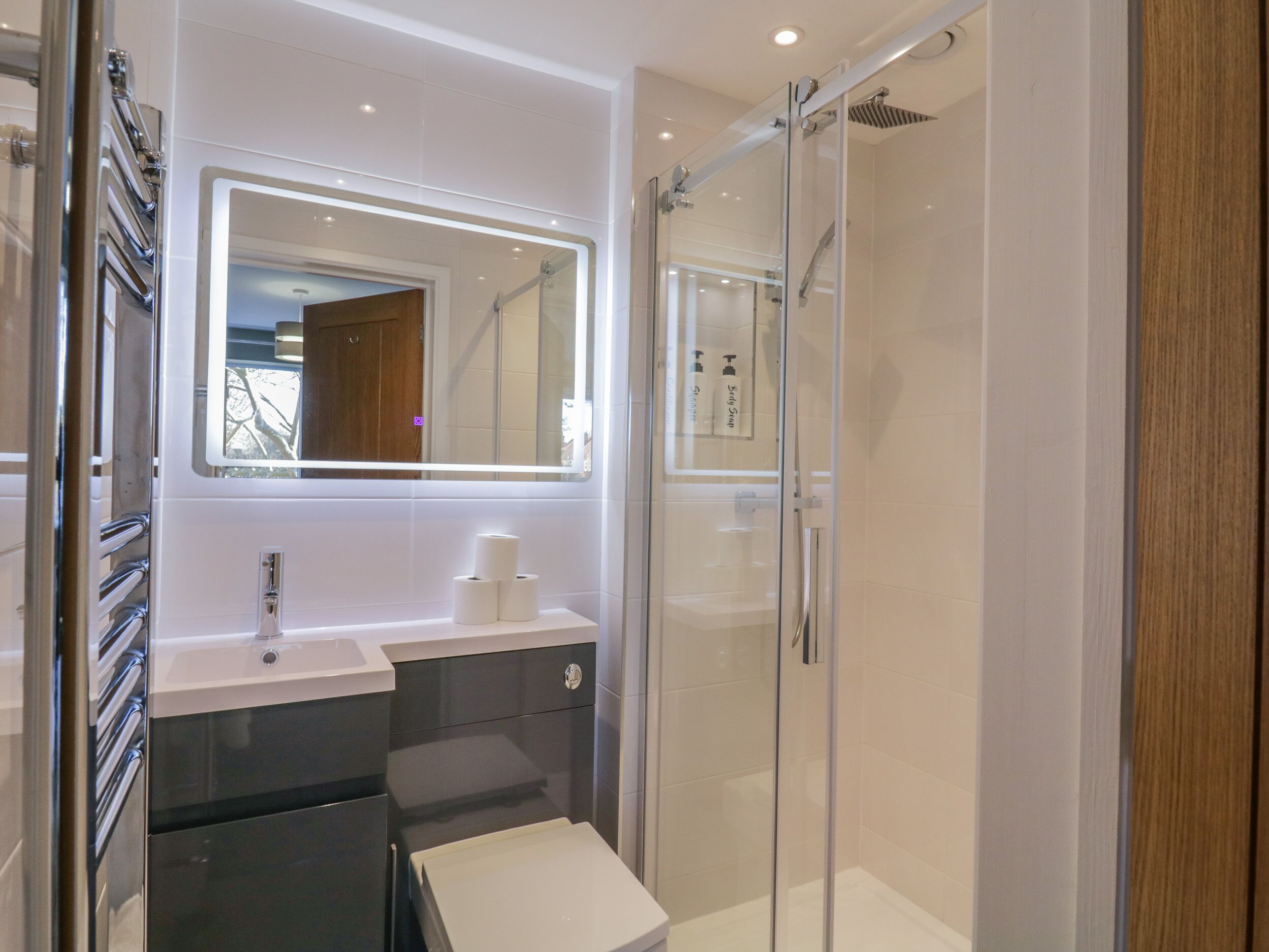 A modern bathroom with a glass shower enclosure, a vanity with a mirror, and a toilet.