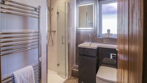 A modern bathroom with a glass-enclosed shower, a vanity with a mirror, and a toilet.