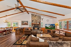 TV, fireplace, foosball