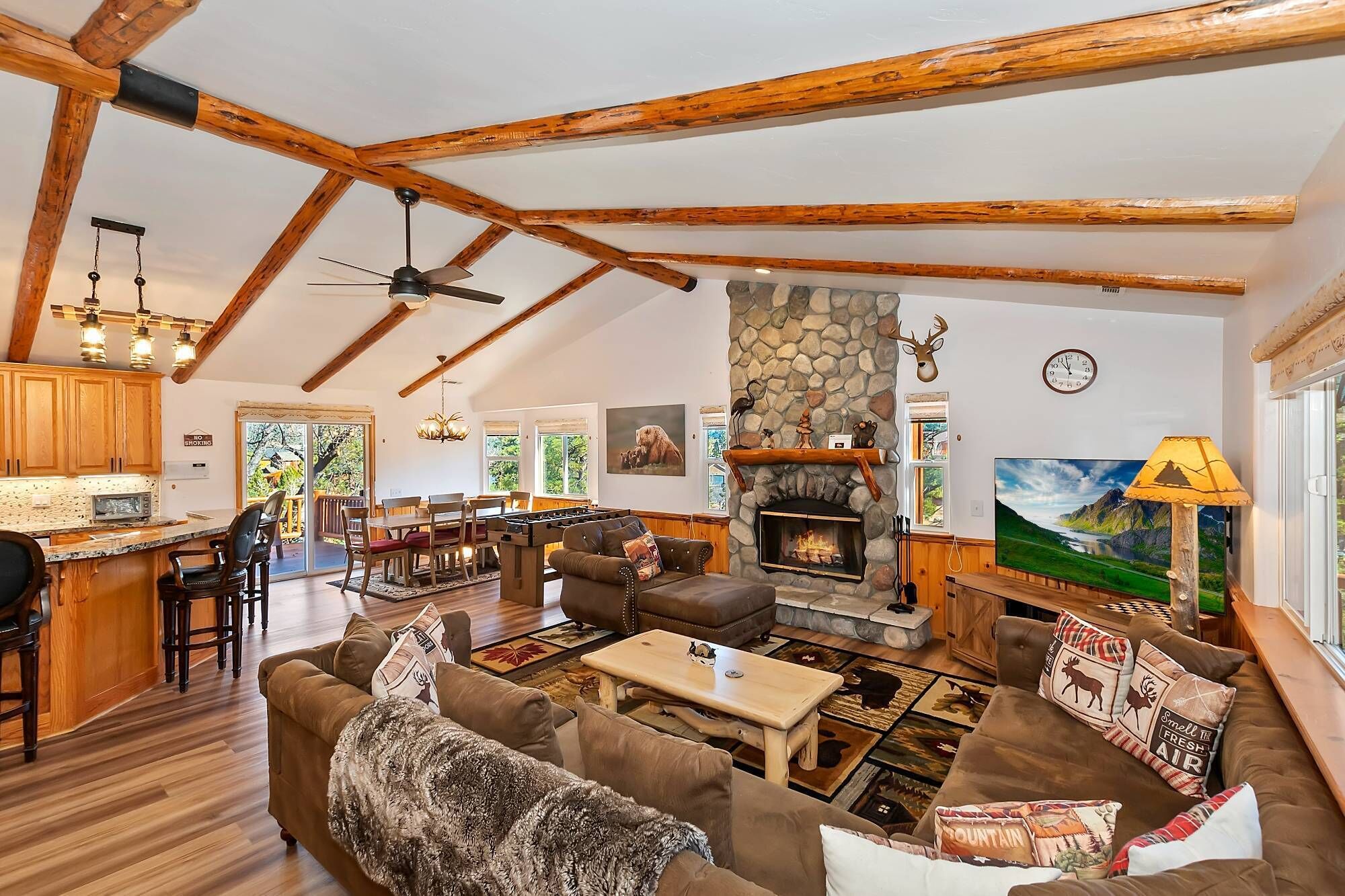 TV, fireplace, foosball