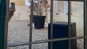 Un patio con un edificio de piedra, una planta en maceta y una reja de metal.