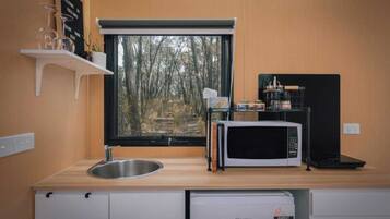Réfrigérateur, micro-ondes, plaque de cuisson, grille-pain