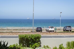 A coastal road with parked cars, a fence, and a clear view of the ocean.