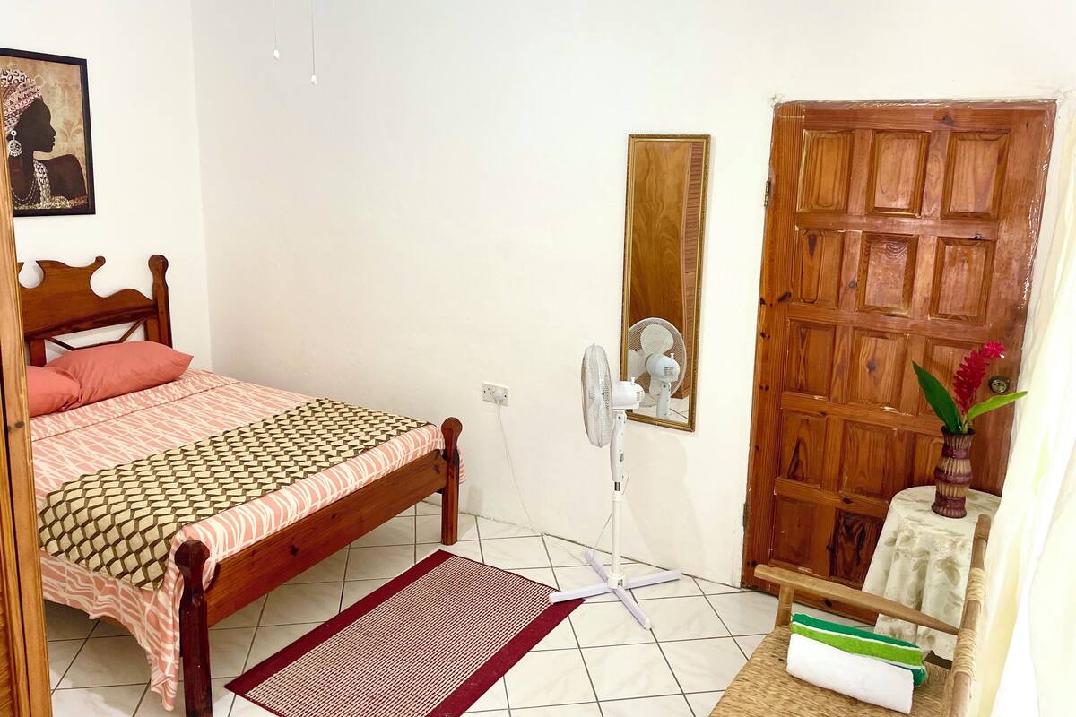 A bedroom with a wooden bed, a standing fan, a mirror, and a wooden door.