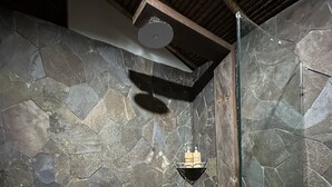 Un espace douche avec des murs en pierre et une porte en verre.