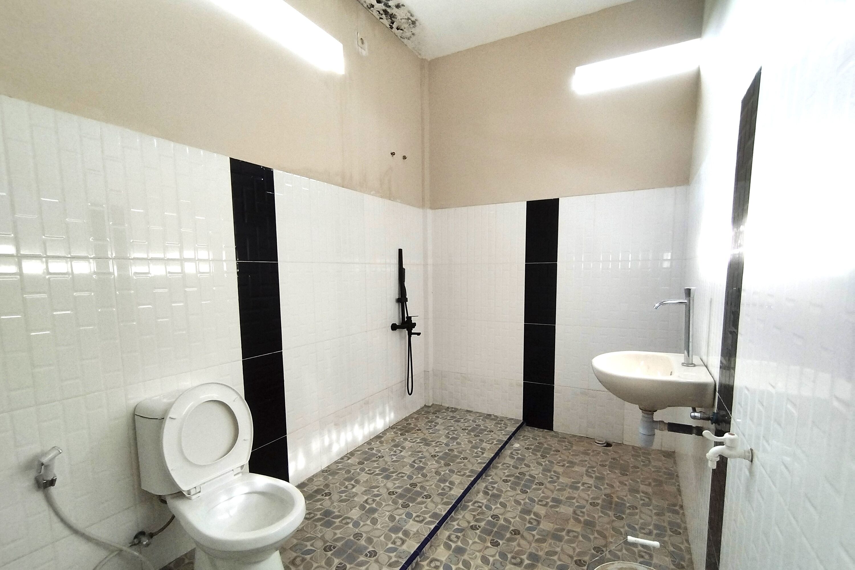 A bathroom with a toilet, shower, and sink.