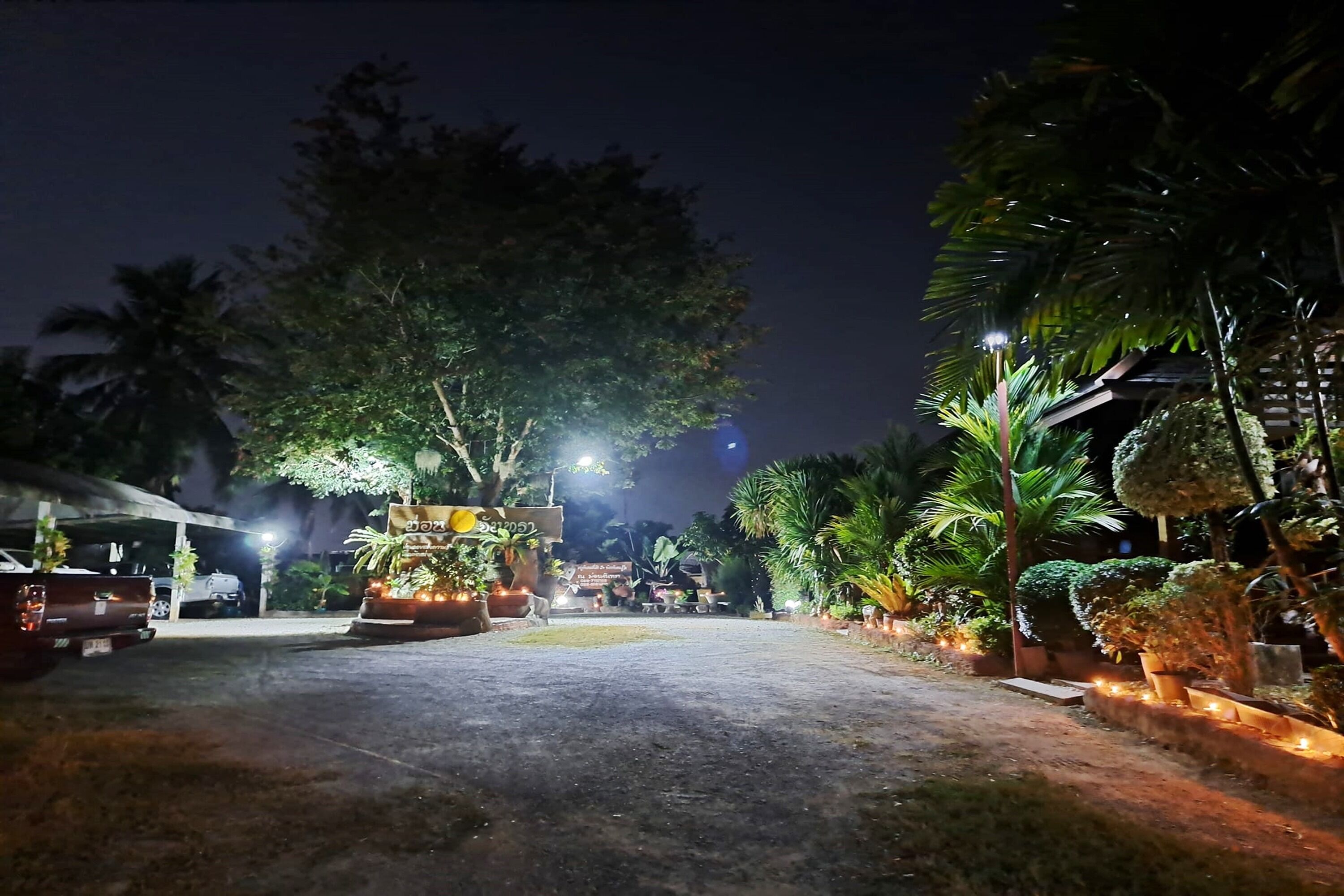 A paved pathway leading to a building with a covered entrance, surrounded by potted plants and trees.