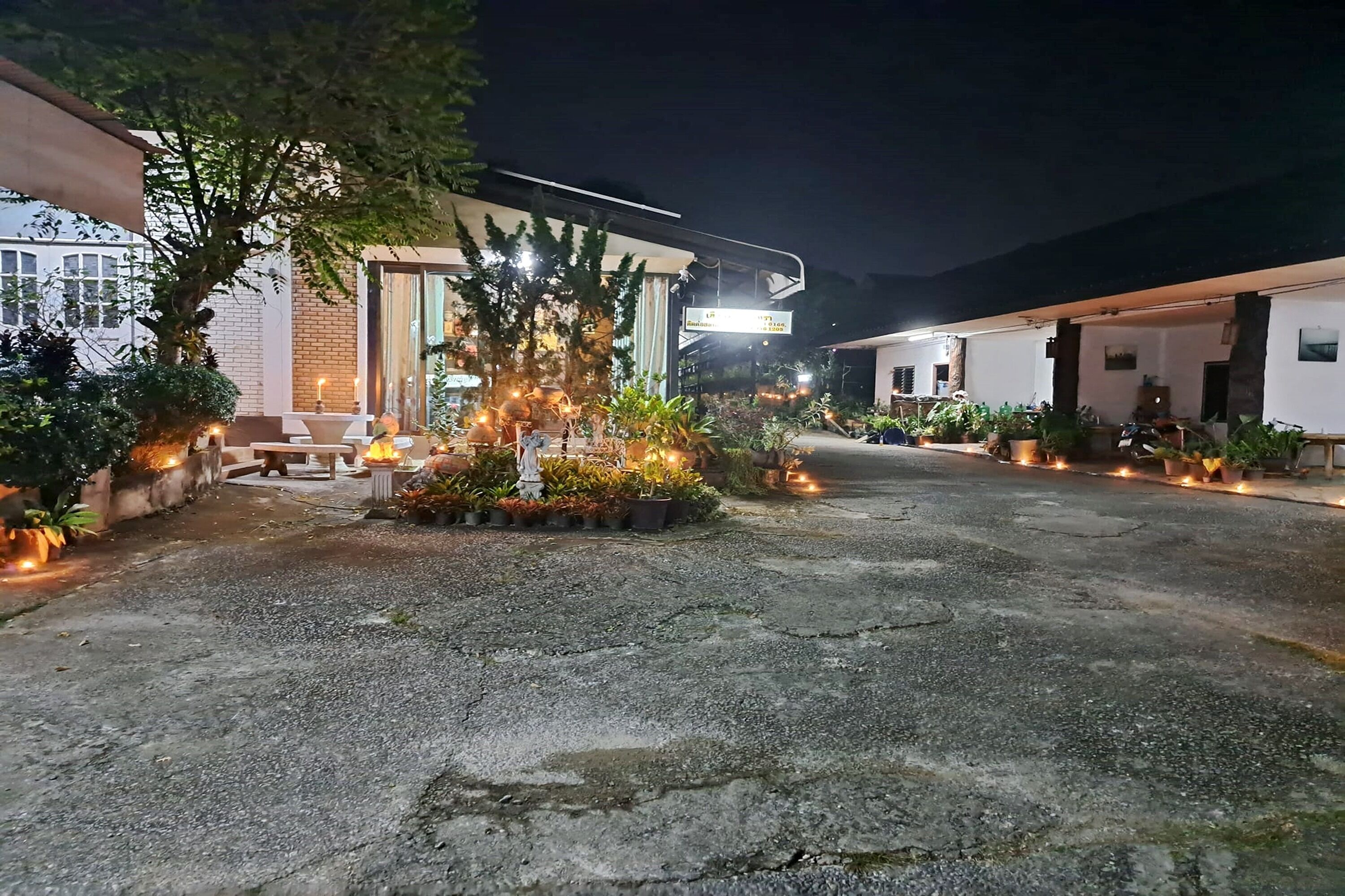 Pátio com plantas em vasos e área de estar ao ar livre, rodeado por edifícios com placas iluminadas.