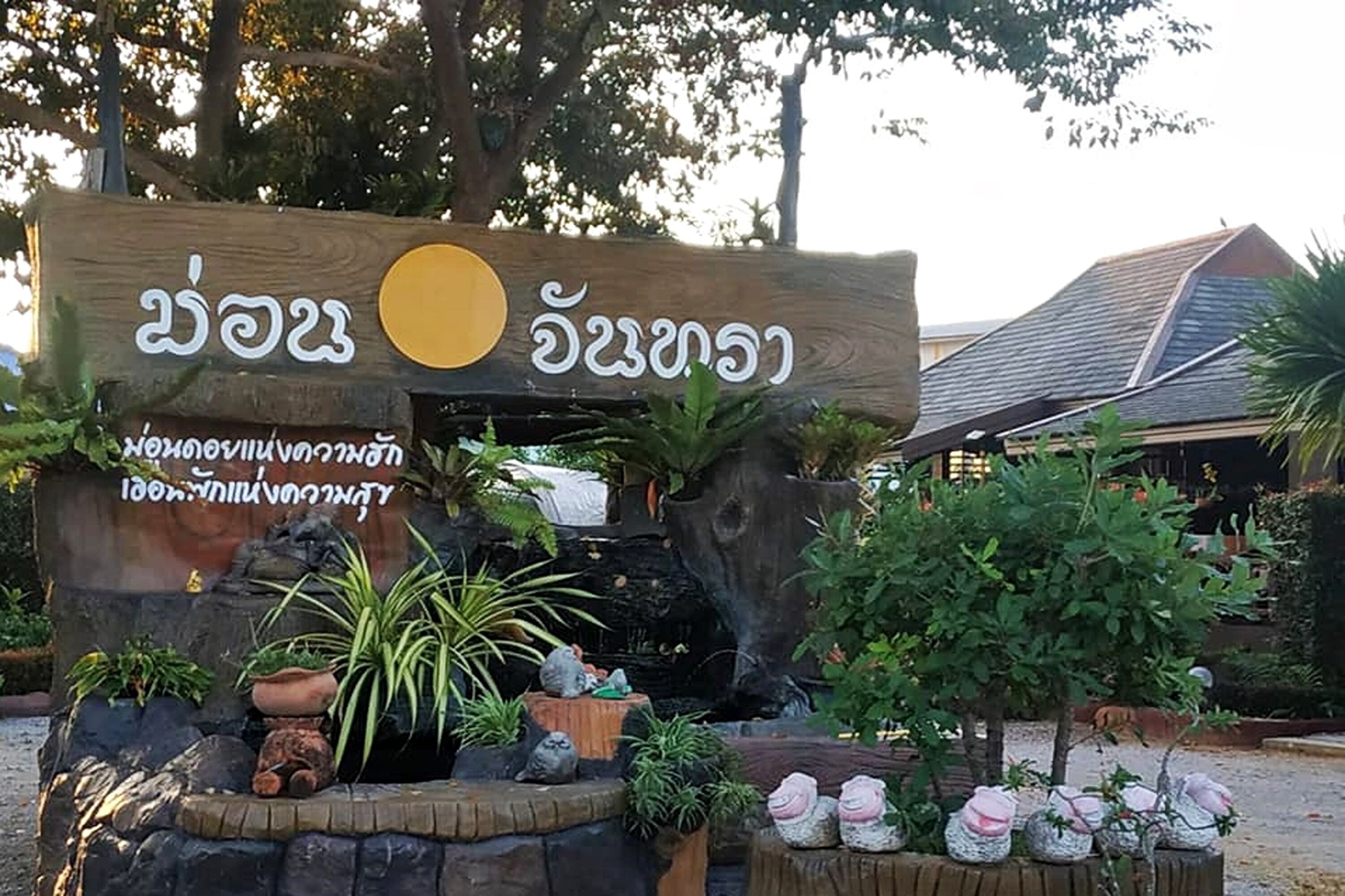A wooden sign with text and a small garden area with potted plants and a rock feature.