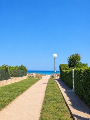 A clear pathway leading to a beach with a fence on one side and a hedge on the other.