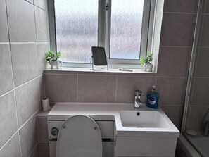 A bathroom with a toilet, sink, and window.
