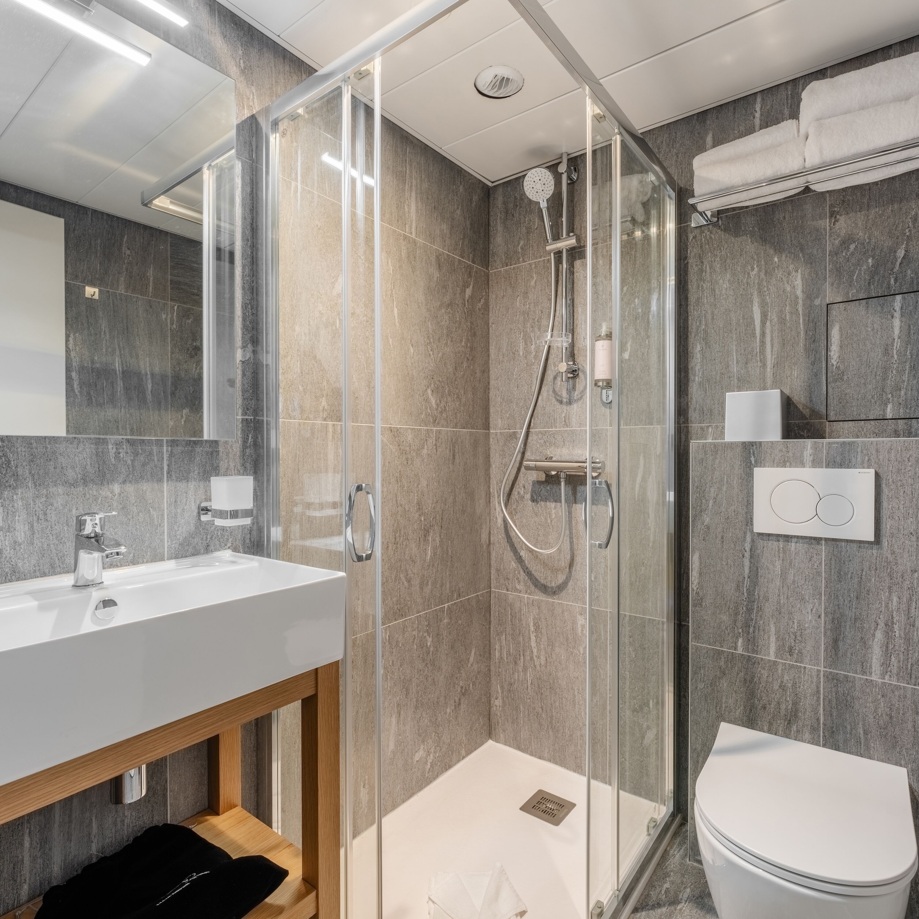 A modern bathroom with a glass-enclosed shower, a white sink, and a toilet.