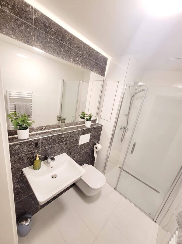 Hair dryer, towels, soap, toilet paper