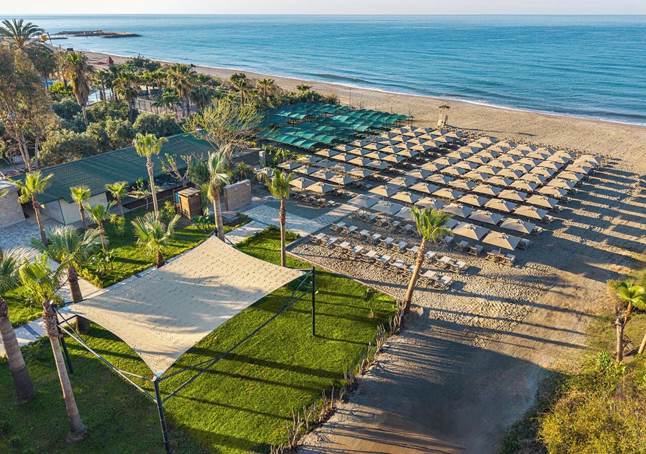 Un complejo turístico en la playa con numerosas tumbonas y sombrillas, una zona de piscina y palmeras.