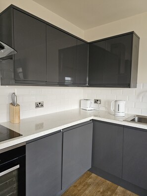 Apartment | Private kitchen | Fridge, microwave, oven, stovetop
