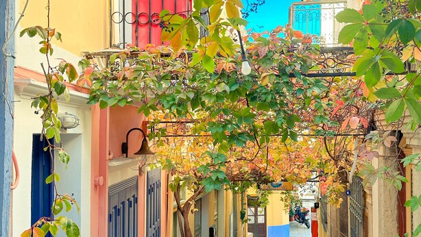 A narrow cobblestone alley with buildings on either side, featuring balconies and potted plants. - Kali Strata 2 - Downtown (Symi)