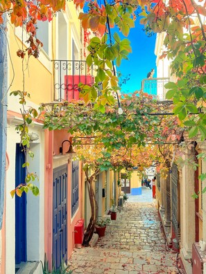 Un estrecho callejón adoquinado flanqueado por edificios, con balcones y plantas en macetas.
