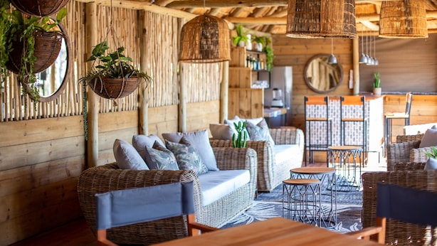 A rustic interior with wicker furniture, hanging plants, and a wooden ceiling. - Mankwe Tented Retreat (Maun)