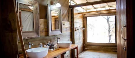 Shower, rainfall showerhead, towels, soap