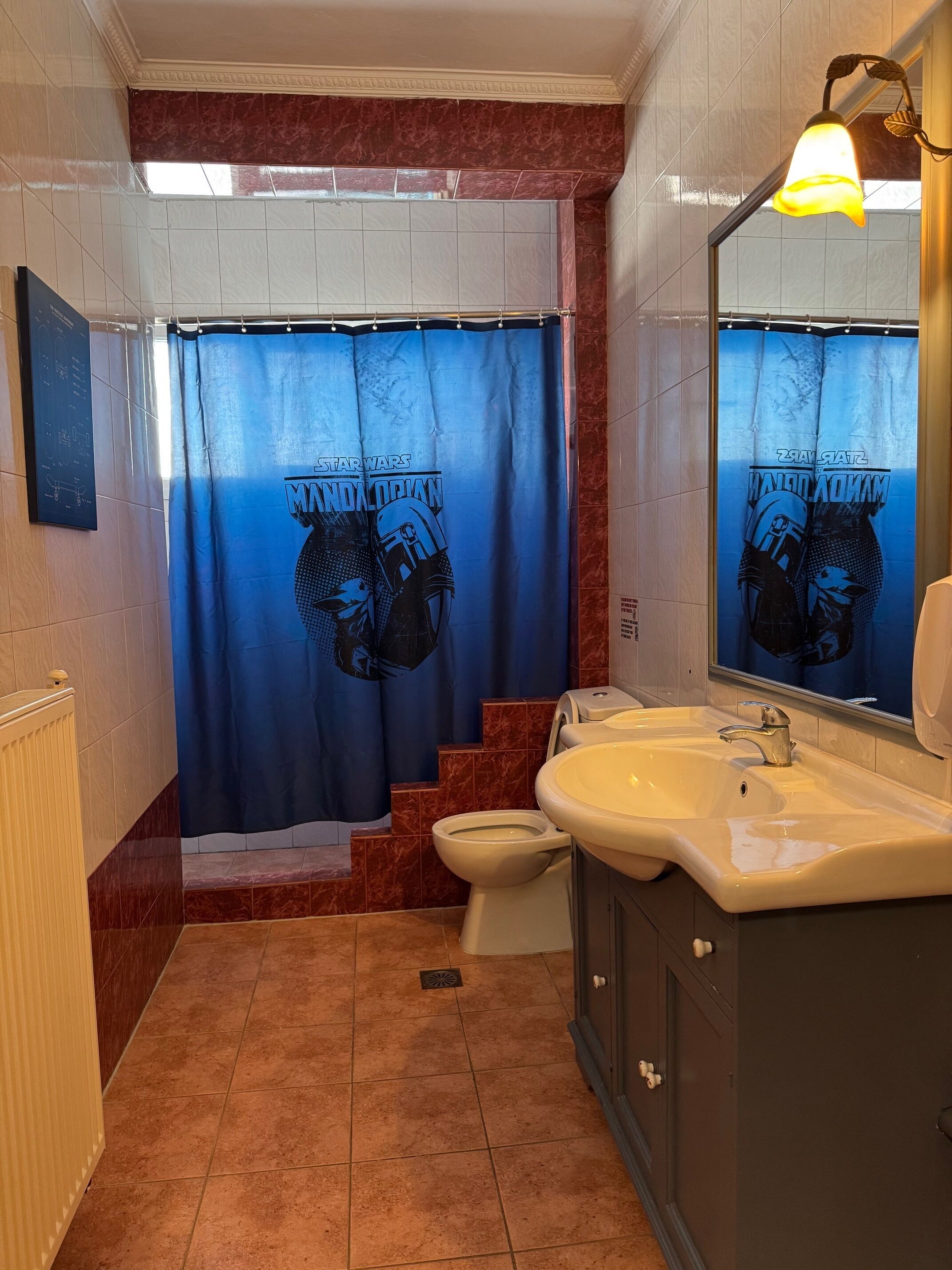 Une salle de bain avec un rideau de douche à l’effigie de Star Wars, des toilettes, un lavabo et un miroir.