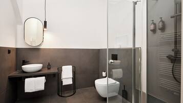 A modern bathroom with a large oval sink, a glass shower enclosure, and a toilet.