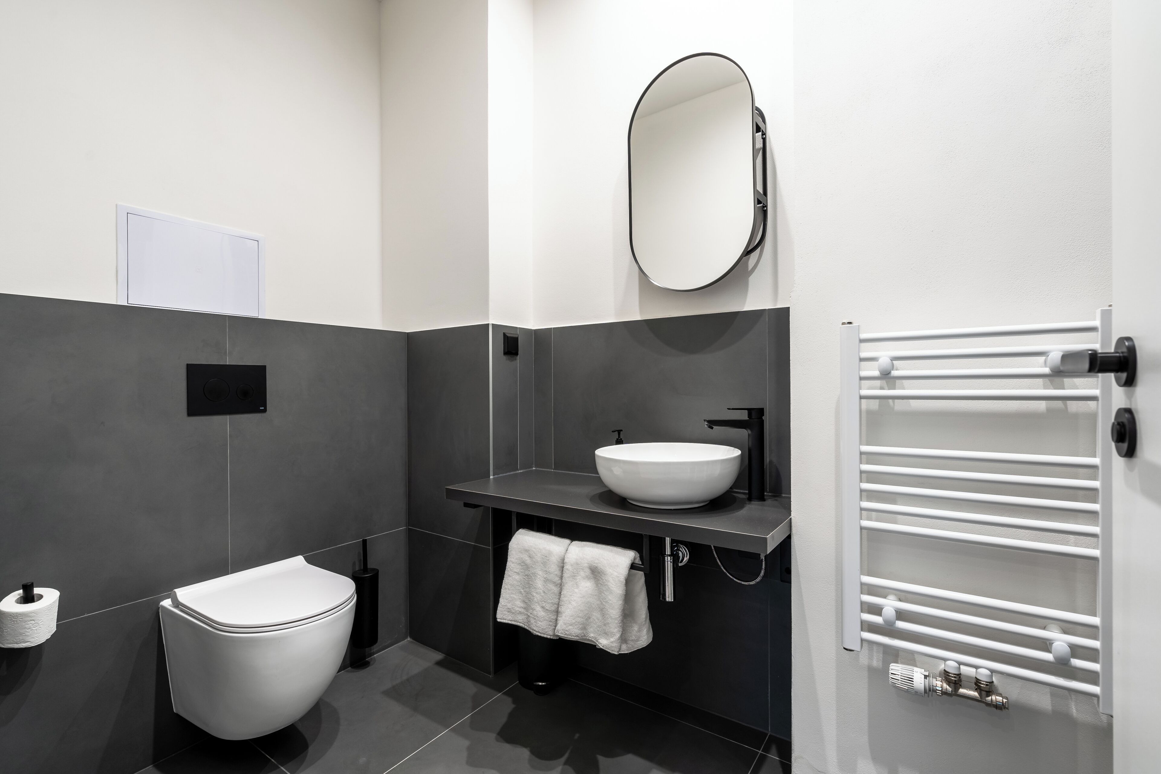 A modern bathroom with a toilet, sink, mirror, towel rack, and a toilet paper dispenser.