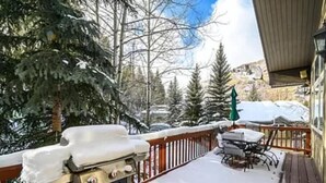 Una terrazza esterna riparata con griglia e barbecue, circondata da alberi innevati e cielo sereno.