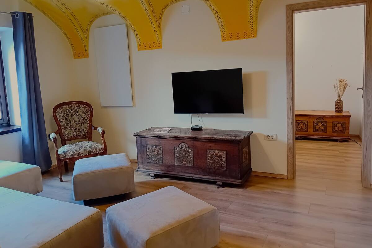 Una sala de estar con un aparador de madera, un televisor y un sillón estampado.