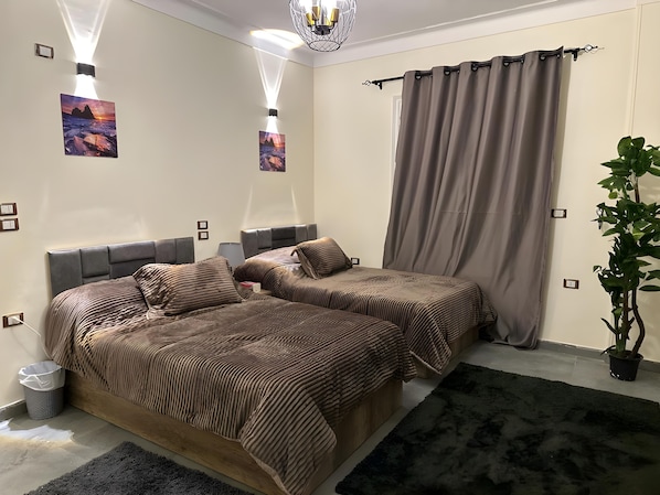 A modern bedroom with two beds, a large window with curtains, a potted plant, and artwork on the walls.