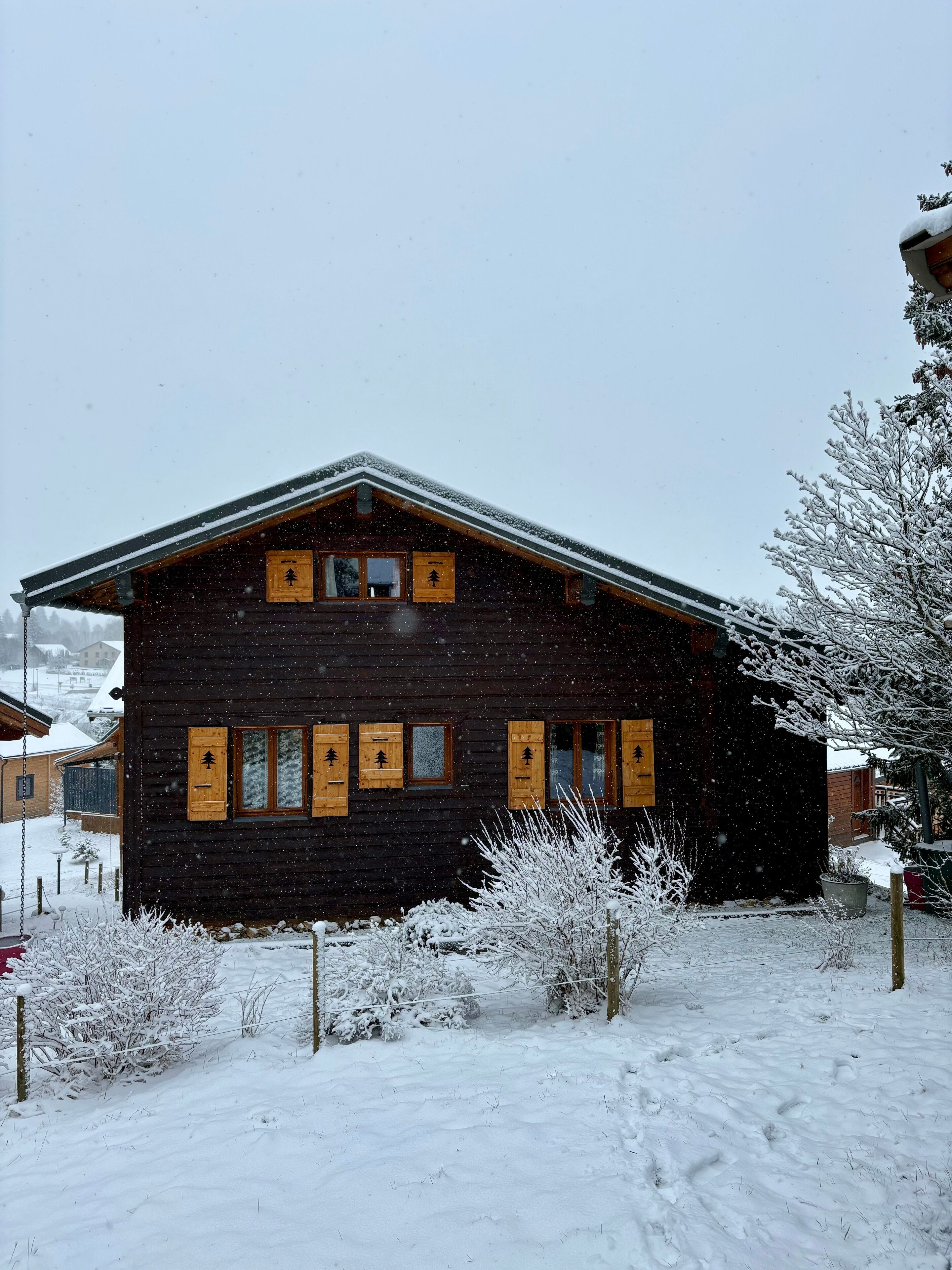 Una cabaña de madera con varias ventanas y techo cubierto de nieve.