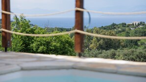 Un espace piscine offrant une vue sur la mer et la végétation environnante.
