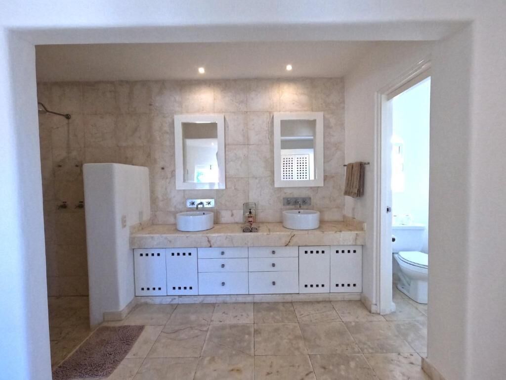A bathroom with two sinks, a mirror, and a shower.