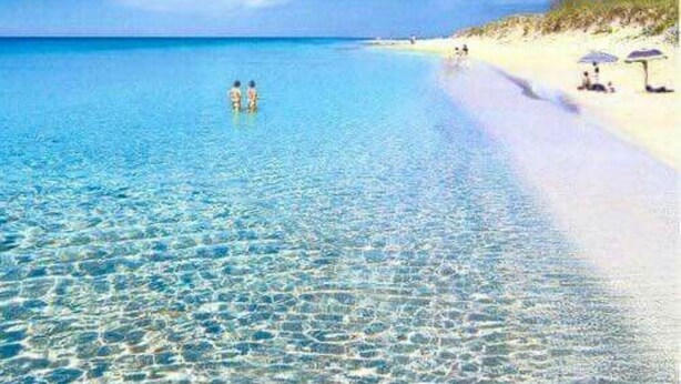 Une plage avec une eau claire et peu profonde, un rivage sablonneux, et quelques personnes et parasols.