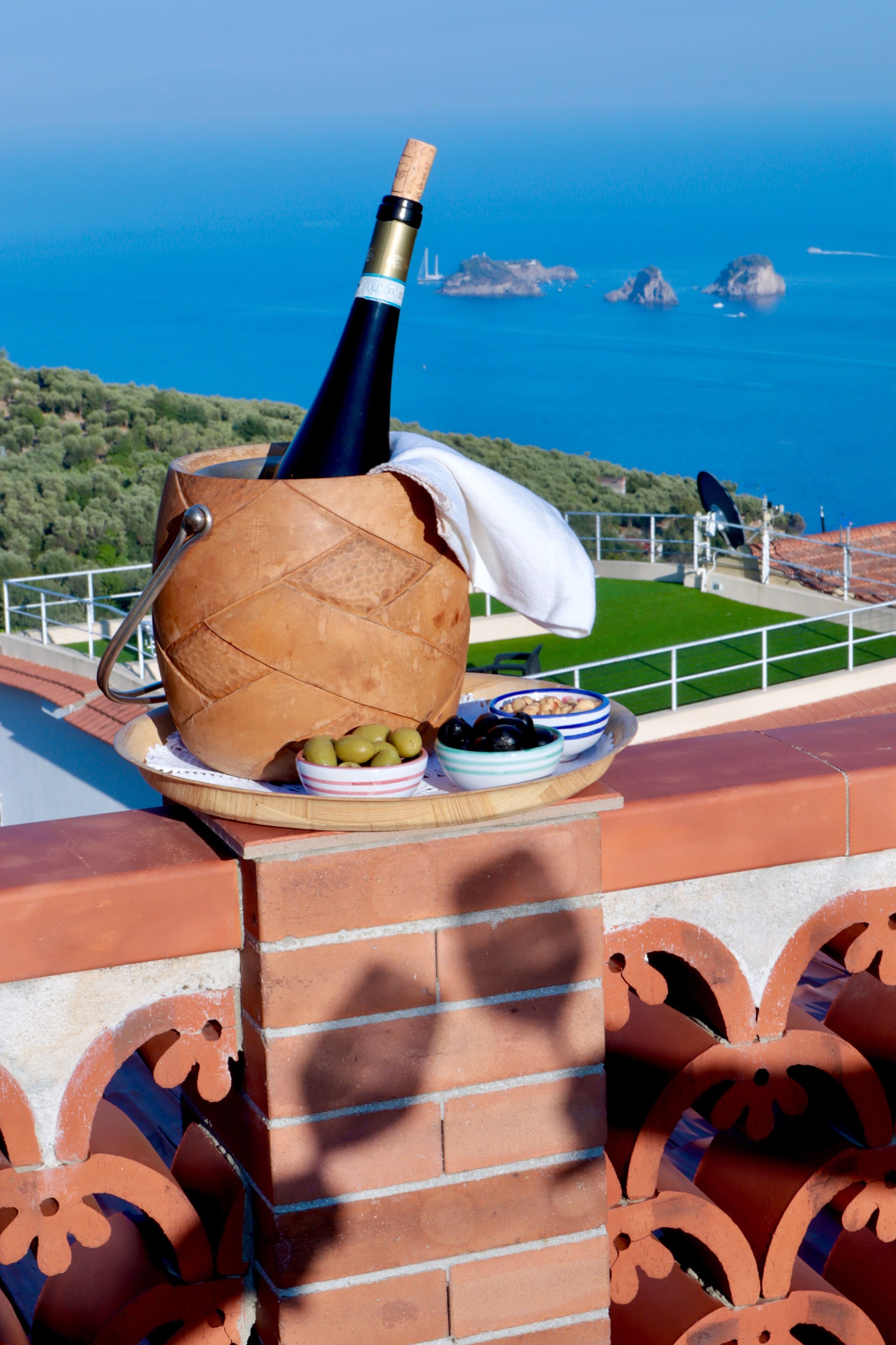 A bottle of wine on a table with olives and a bowl of grapes, overlooking a coastal view with buildings and greenery.