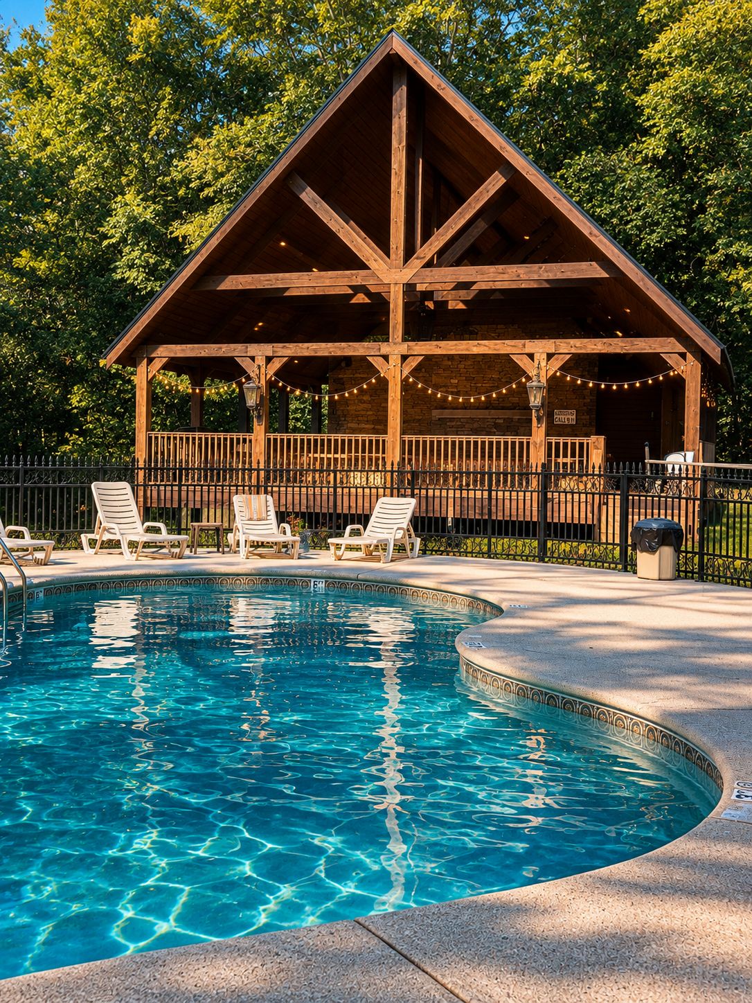 Un pavillon en bois avec une piscine, entouré d’une clôture et d’arbres.