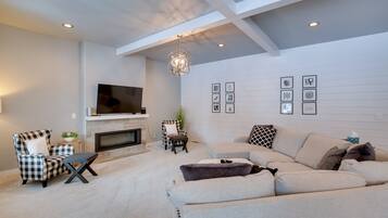 TV, fireplace, DVD player, foosball