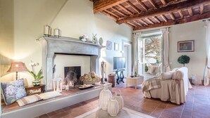 A cozy living room with a fireplace, a television, and comfortable seating. - FRANTOIO a Romantic Farmhouse Apartment with Terrace and Views (Capannori)