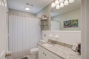 Hair dryer, towels, soap, shampoo