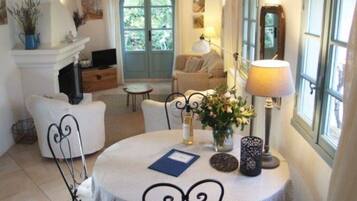 Télévision, cheminée, lecteur de DVD, livres