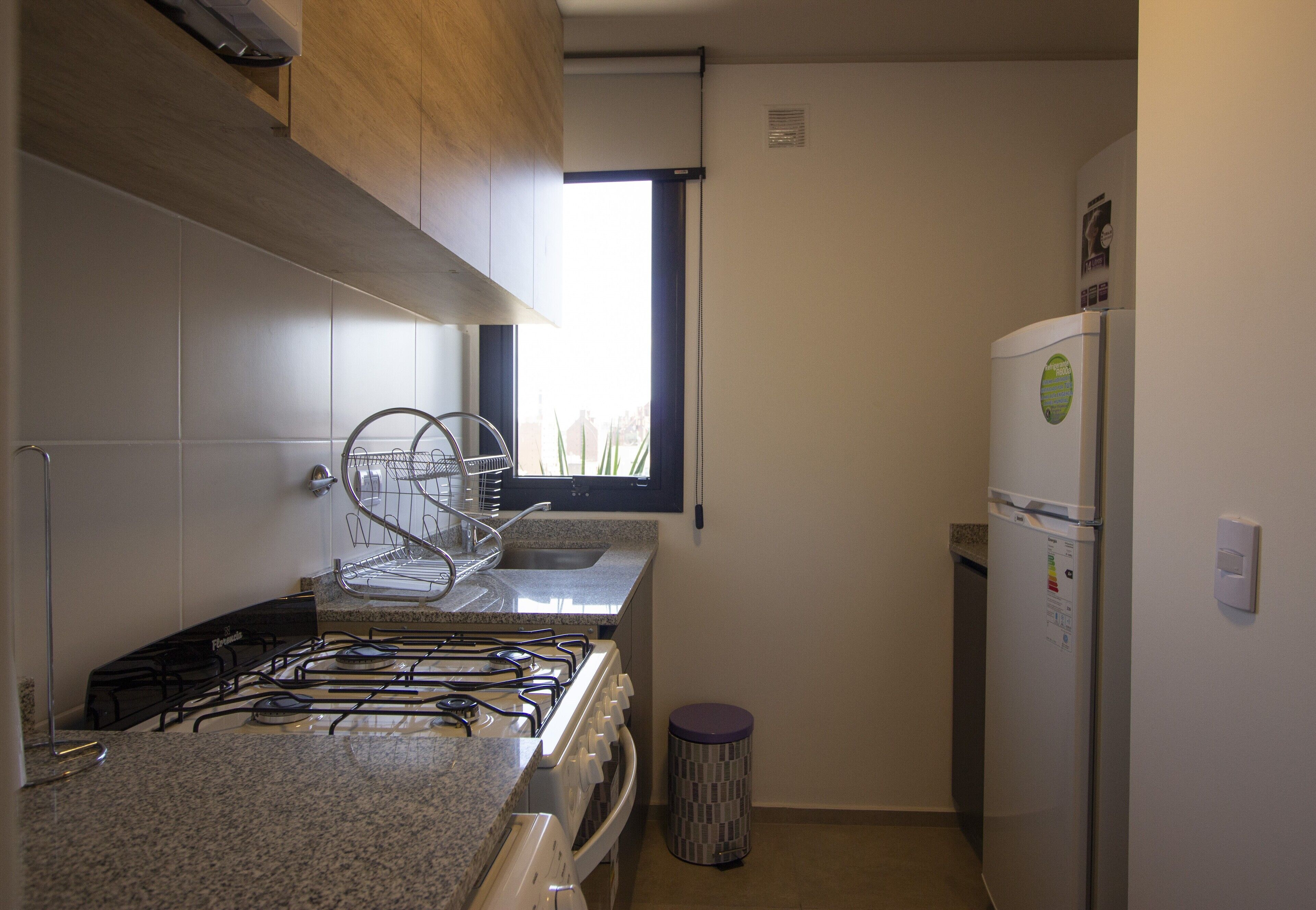 Una cocina compacta con estufa a gas, horno empotrado, refrigerador de acero inoxidable y ventana que proporciona luz natural.