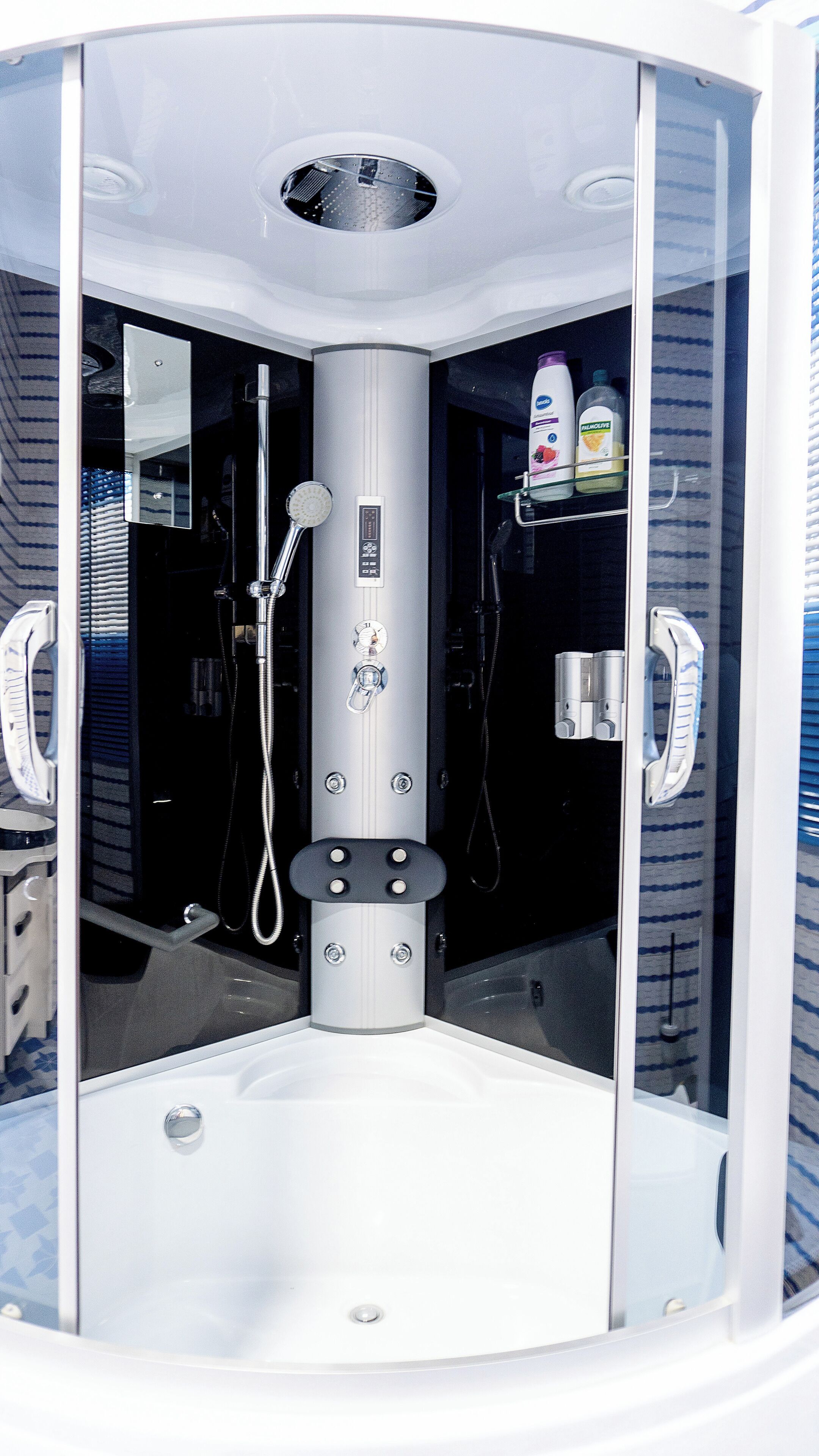 Hair dryer, towels, soap, shampoo