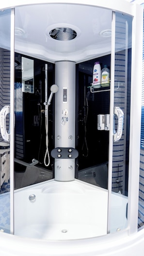 Hair dryer, towels, soap, shampoo