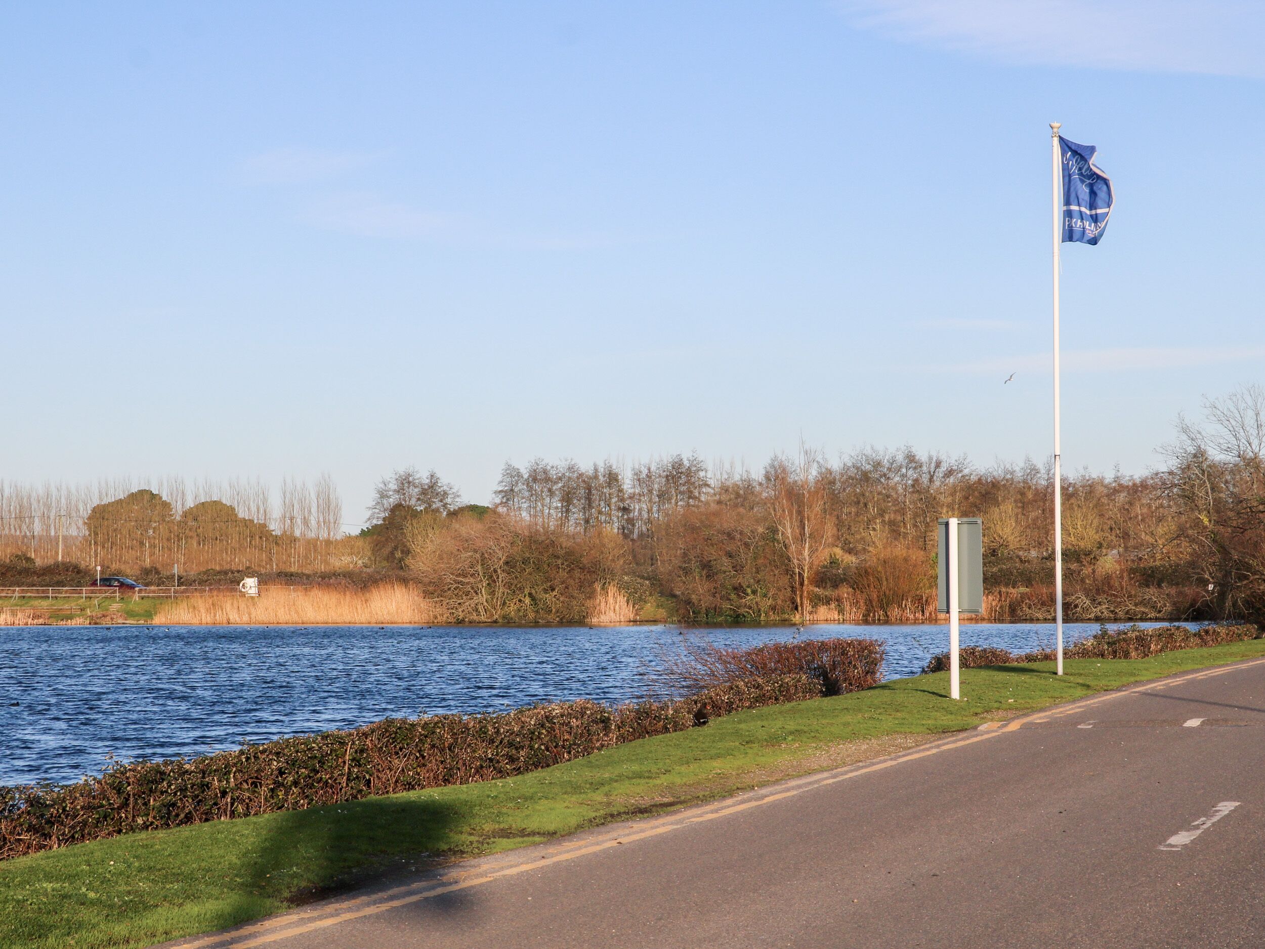 A road alongside a body of water with a flagpole and a utility box.