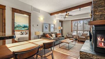 Televisor intel·ligent, llar de foc, llibres i oficines